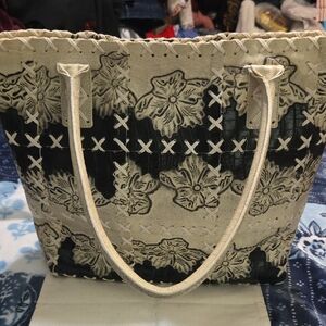 Italian Leather Floral Beige and Black Tote Bag